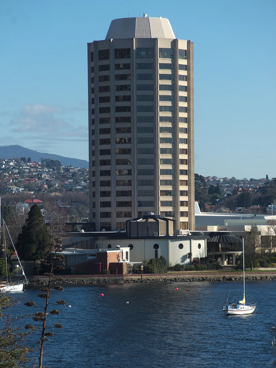 Wrest Point’s distinctive hotel tower beside the water in Hobart