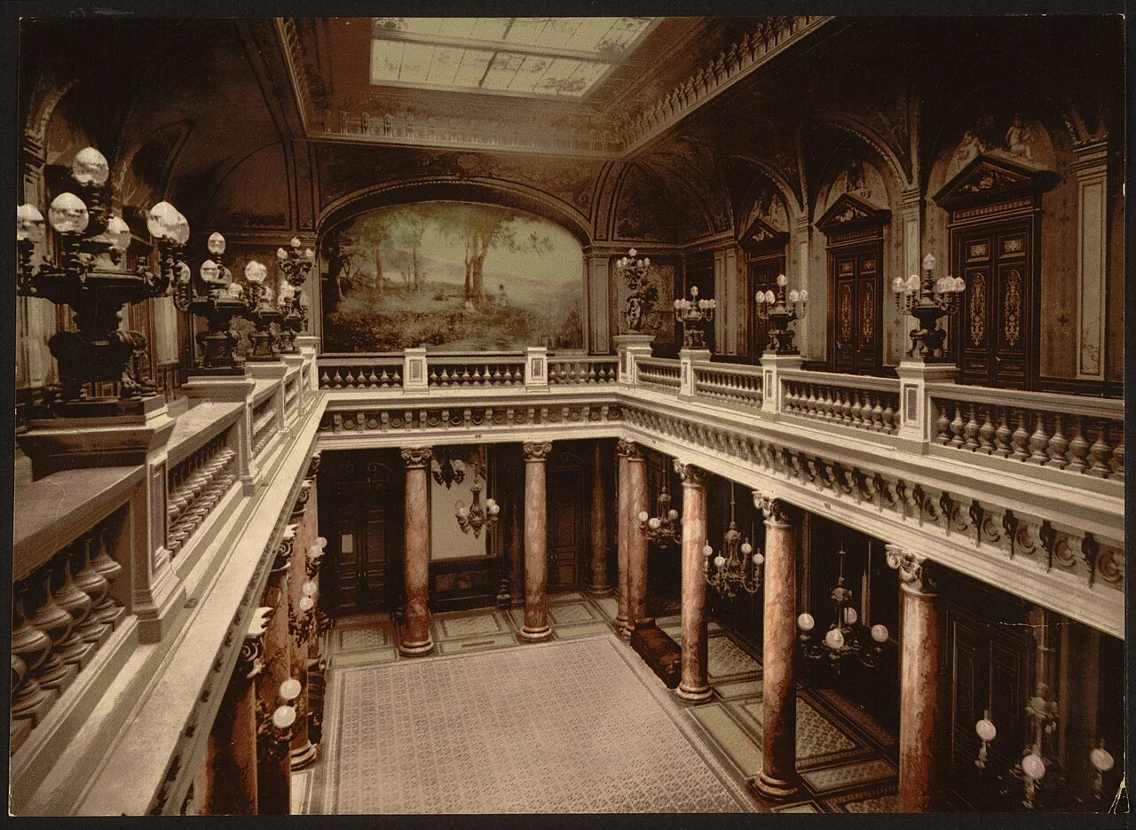 A nineteenth-century photochrom showing the columns and decoration of the Monte-Carlo casino atrium