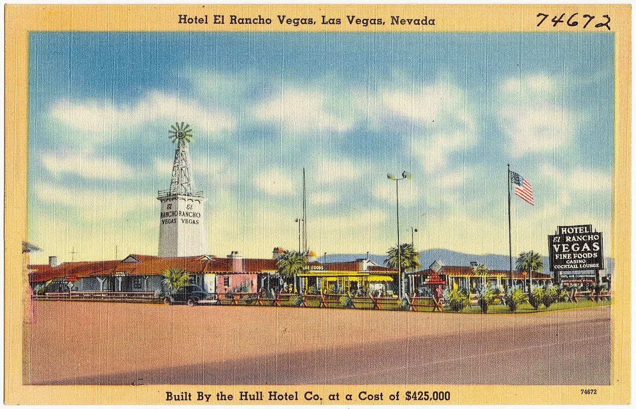 A historical postcard showing the original El Rancho Vegas resort and its roadside setting