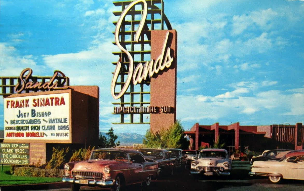 The original Sands Hotel and Casino with its roadside sign in 1959