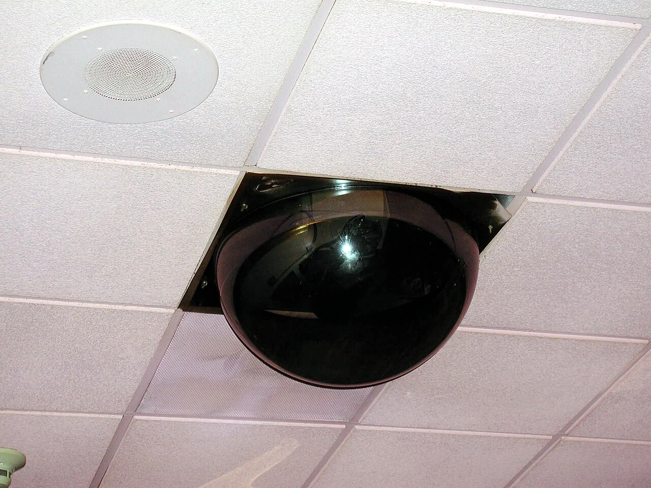 A ceiling-mounted casino surveillance camera